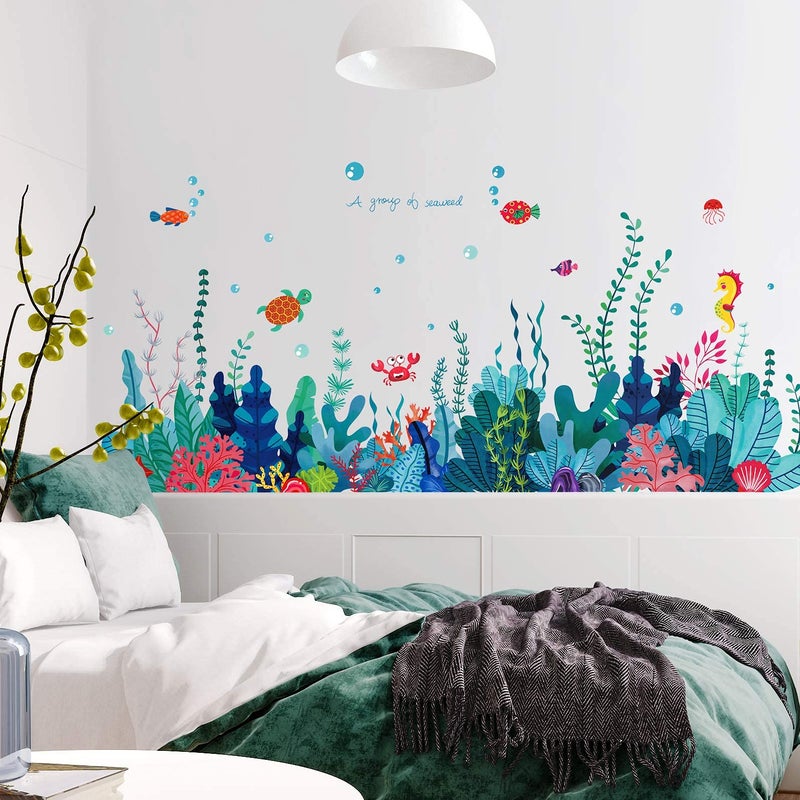 RAINBOW WSK Removable 3D Under The Sea View Grass Wall Decal - DIY Ocean Coral Seaweed Stickers Murals - Peel and Stick Home Decor for Kids Bedroom, Bathroom, Girl Nursery Corner Decoration - Image 5